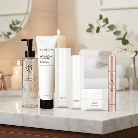 RIMAN ICD Advanced RIMAN Ritual skincare products displayed on a marble countertop with cleansing oil and moisturizer.