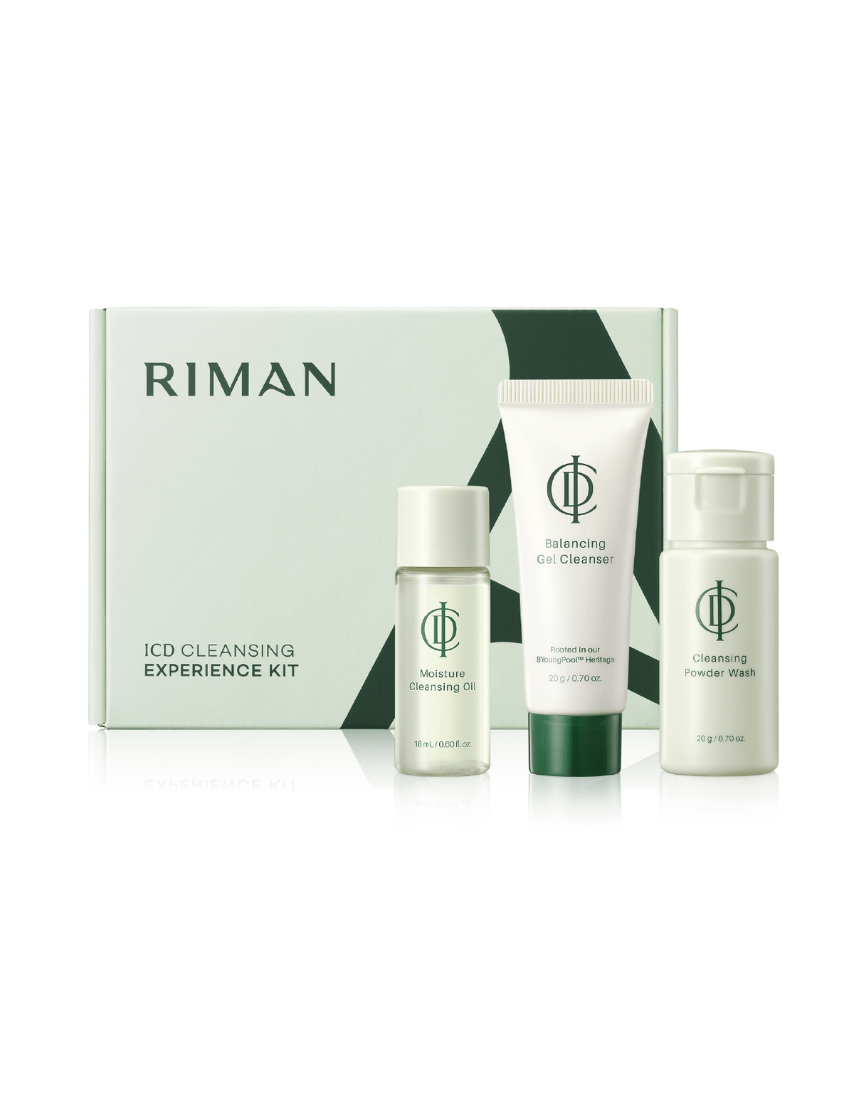 RIMAN ICD Cleansing Experience Kit featuring Moisture Cleansing Oil and Balancing Gel Cleanser, perfect for K-beauty routine.