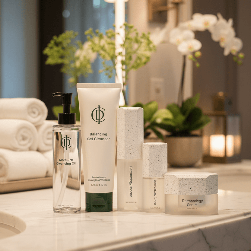 RIMAN ICD Essential Double Cleanse RIMAN Ritual - Balancing Gel Cleanser and Moisture Cleansing Oil on a marble table.