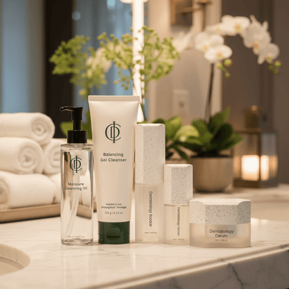 RIMAN ICD Essential Double Cleanse RIMAN Ritual - Balancing Gel Cleanser and Moisture Cleansing Oil on a marble table.