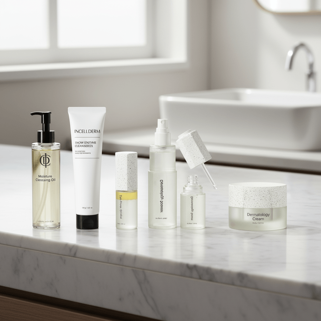A six-piece skincare set from the brands INCELA and DERMATOLOGY CARES, featuring a pump bottle, a tube, and four small bottles with a sponge applicator, arranged on a plain white background.